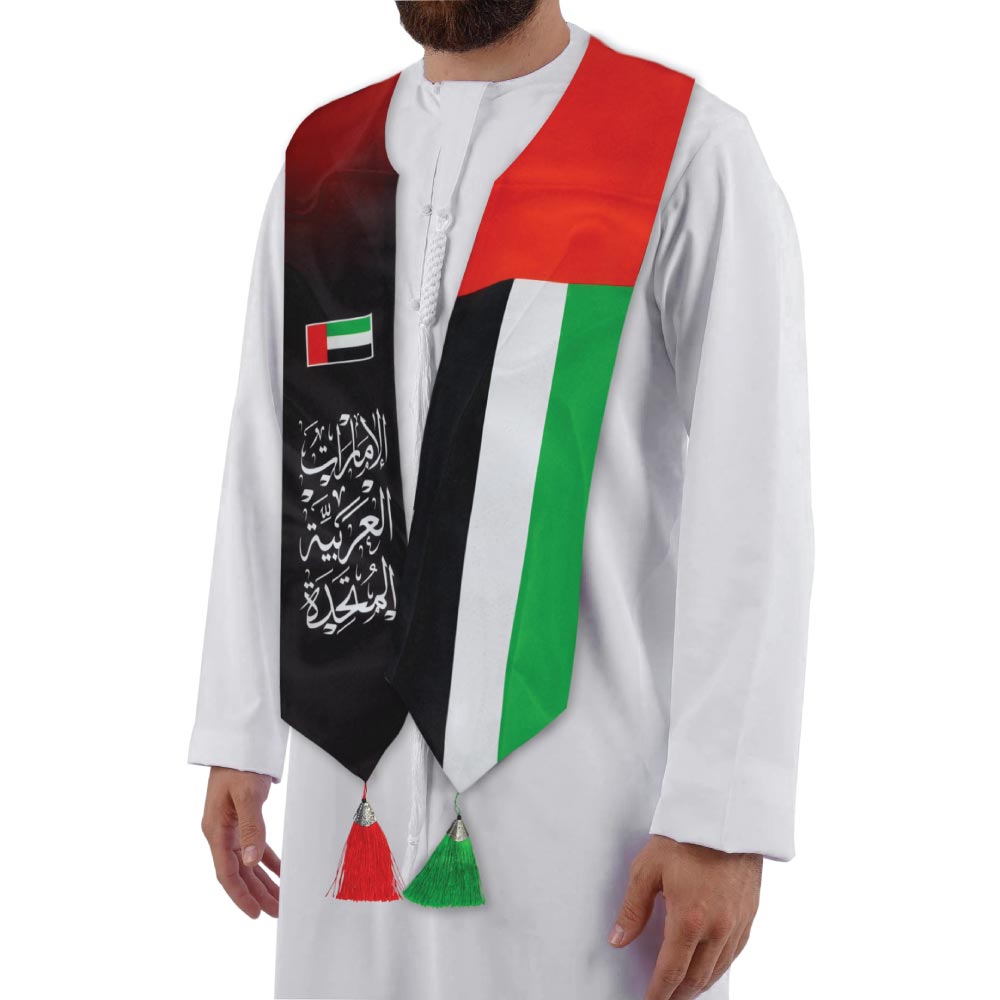 UAE Flag Scarf with Arabic Writing, Red & Green Tassel - Image 3