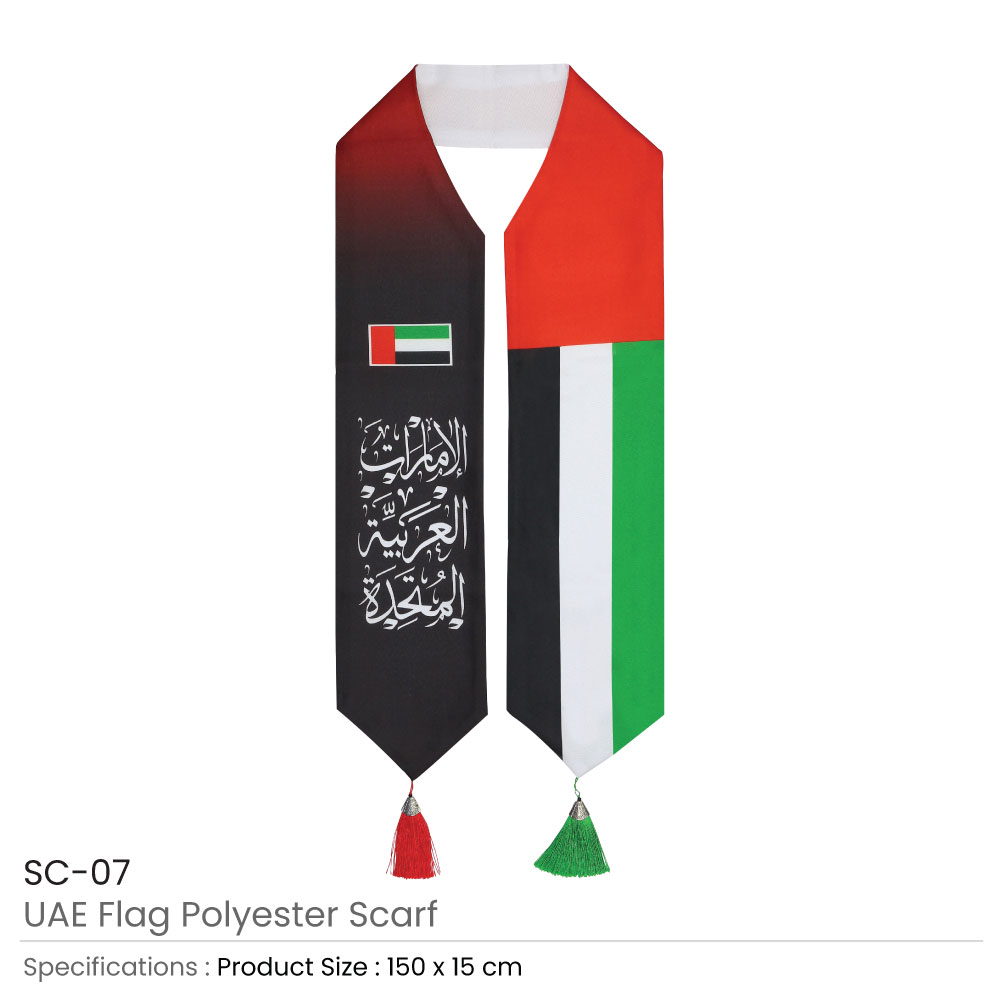 UAE Flag Scarf with Arabic Writing, Red & Green Tassel - Image 5